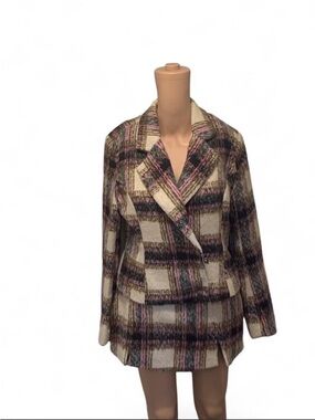 Plaid  Coat Jacket with skirt set - Cream & Pink